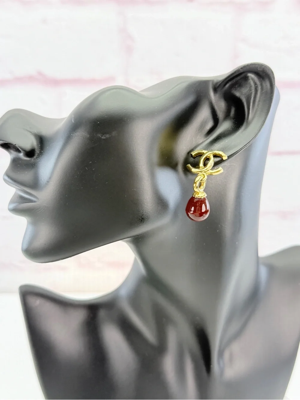 Chanel Gold-Tone CC Drop Earrings with Red Stone 2023